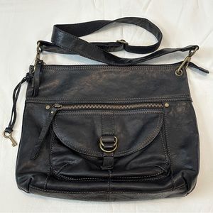 Fossil Sasha Black Leather Crossbody Purse Boho Organizer POCKETS